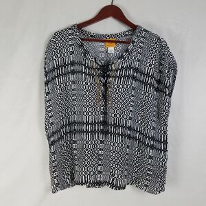 Ruby Rd Shirt Womens Large Black White Top Geometric Sleeveless Lace‎ Up Split